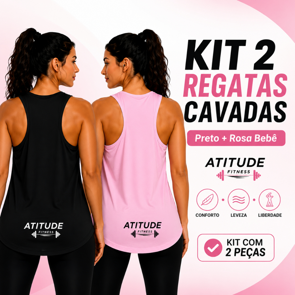Kit 2 Regatas Cavadas Femininas Fitness Visco Lycra Costas Nadador Preto Rosa Academia