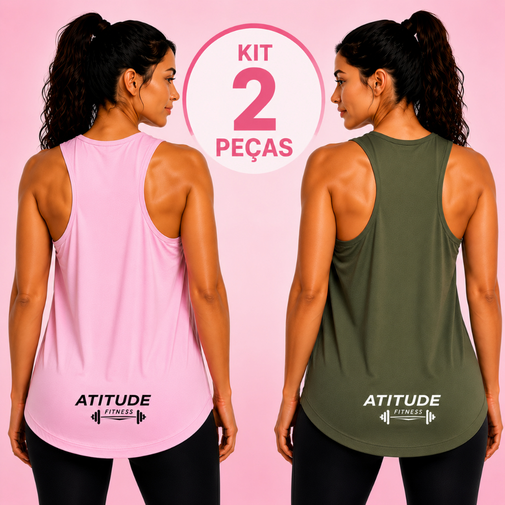 Kit 2 Regatas Femininas Cavadas Fitness Viscolycra Costas Nadador Academia Treino Rosa Bebê Verde Militar
