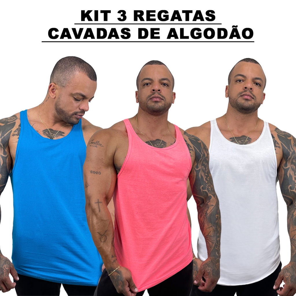 Kit 3 Regatas Masculina Cavadas Azul Turquesa + Rosa Neon + Cores Nadador Algodão Lisa Básica Bombey