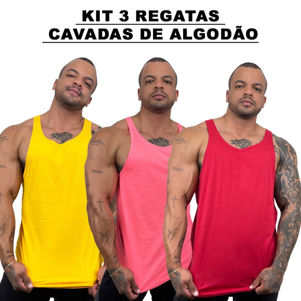 Kit 3 Regatas Masculina Cavadas Amarelo + Rosa Neon + Cores Nadador Algodão Lisa Básica - Bombey