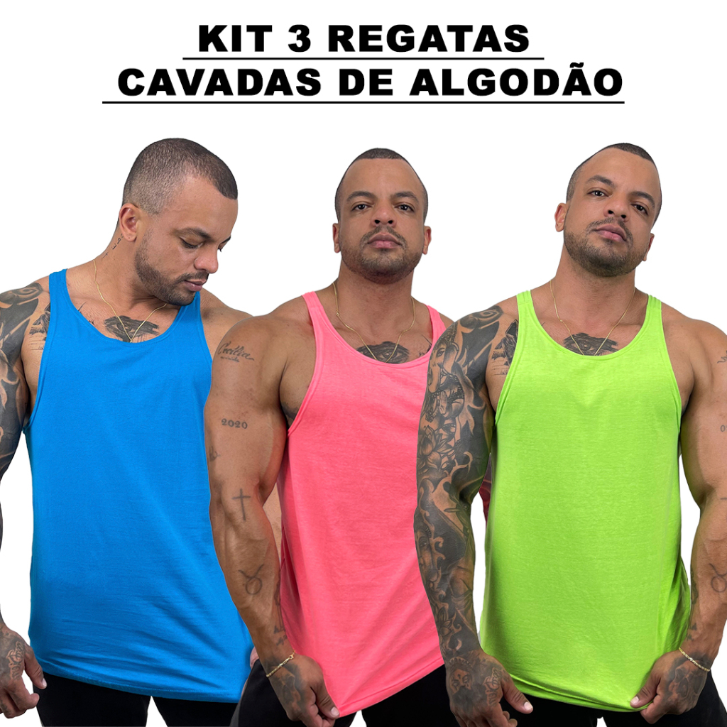 Kit 3 Regatas Masculina Cavadas Azul Turquesa + Rosa Neon + Cores Nadador Algodão Lisa Bombey