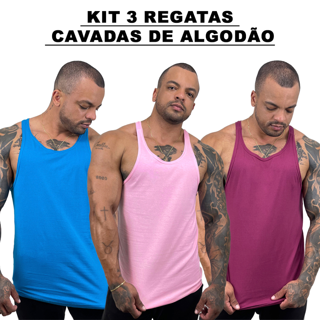Kit 3 Regatas Masculina Cavadas Azul Turquesa + Rosa Chiclete + Cores Nadador Algodão Lisa Bombey