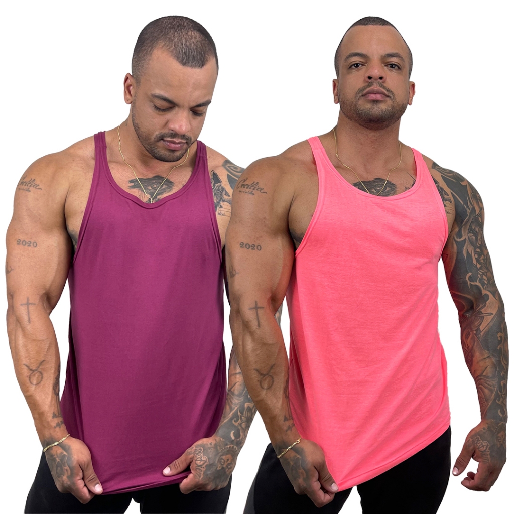 Kit com 2 Regatas Masculinas Rosa Neon + Cores Modelo Cavada Nadador Algodão Lisas - Bombey