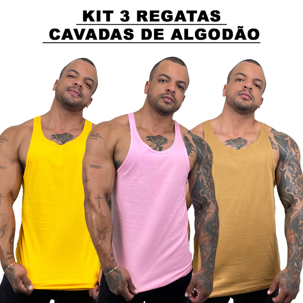 Kit 3 Regatas Masculina Cavadas Amarelo + Rosa Chiclete + Cores Nadador Algodão Lisa Básica - Bombey