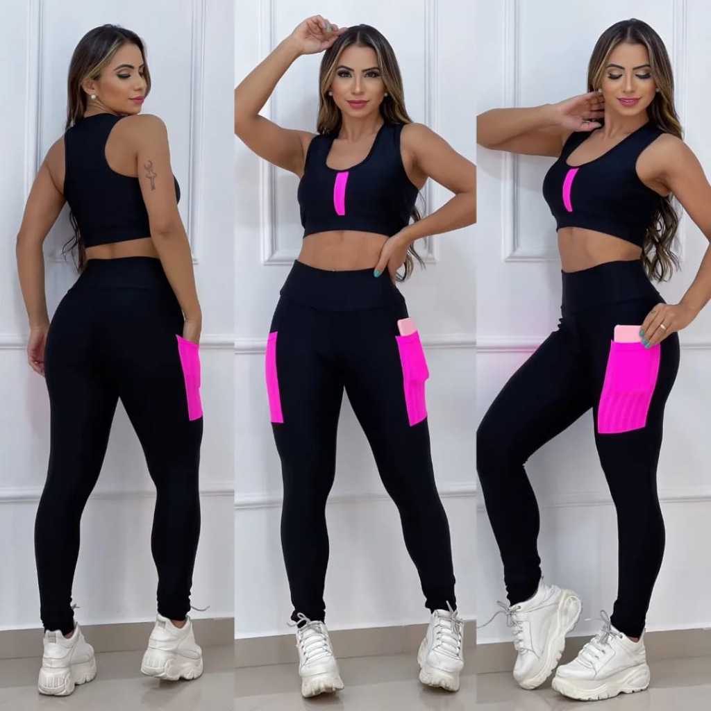 Conjunto Academia Fitness Calça com Bolso + Top Nadador com Bojo Cor Rosa