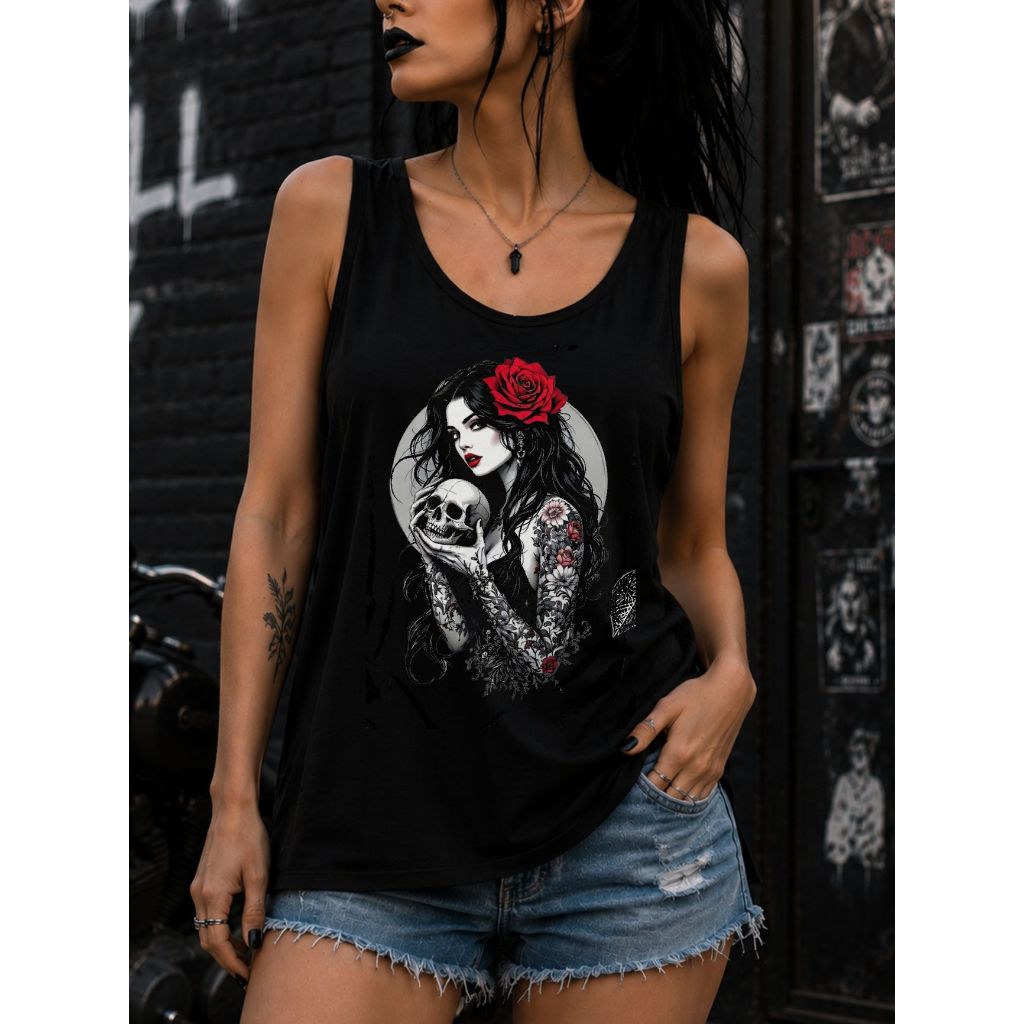 Regata Preta modelo costa nadador Catrina Rosas Vermelhas Góticas Estilo Rock,