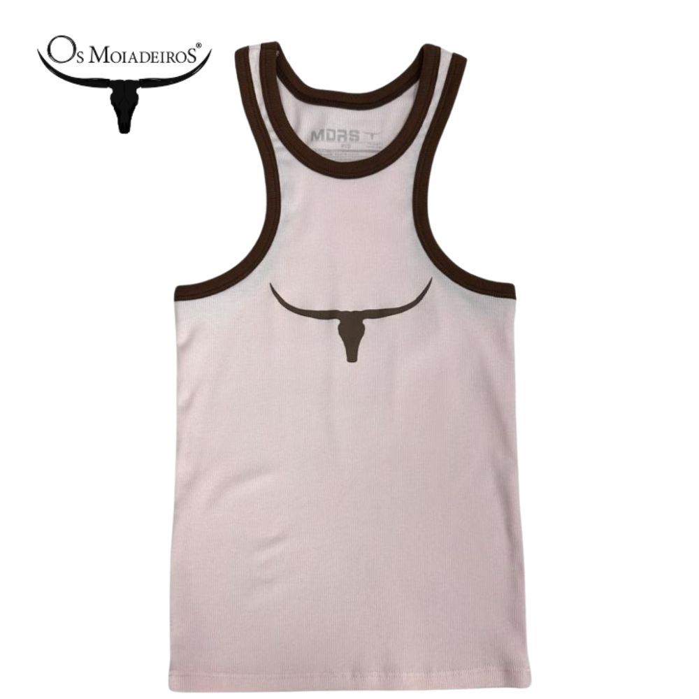 Regata Feminina Os Moiadeiros Rosa Modelo Nadador Com Viés Marrom E Estampado Longhorn Marrom Ref:REG165