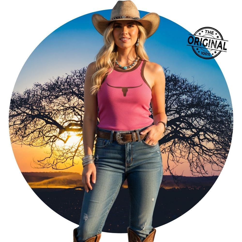 Regata Nadador Rosa Longhorn De Mulher Country Usar Na Fazenda Com Bota Os Moiadeiros