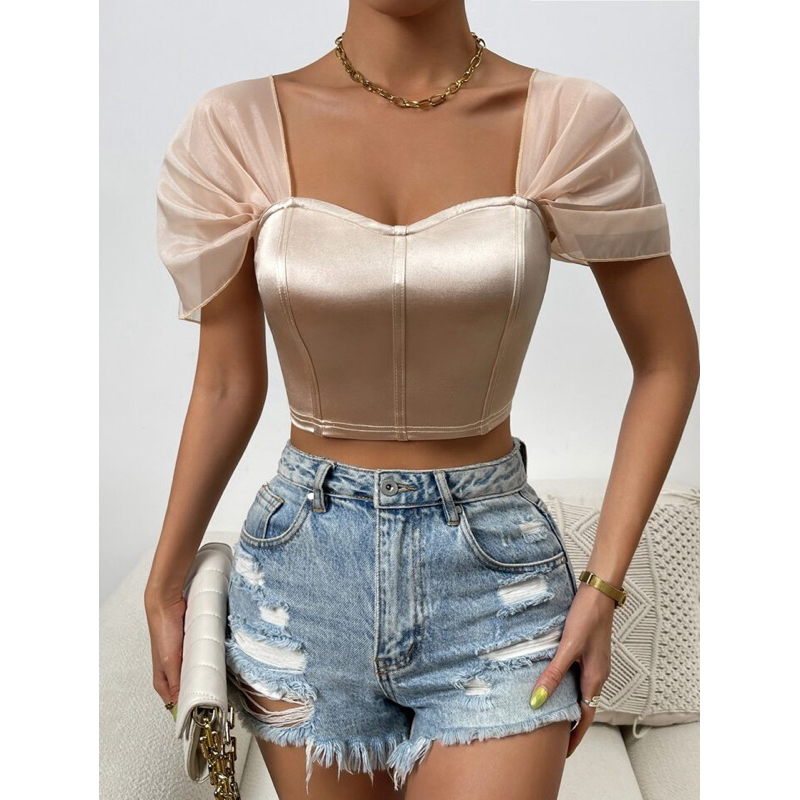 Cropped Top Blusa Bustiê Acetinado Manga Curta Bufante Delicado Moda Blogueira SH D645