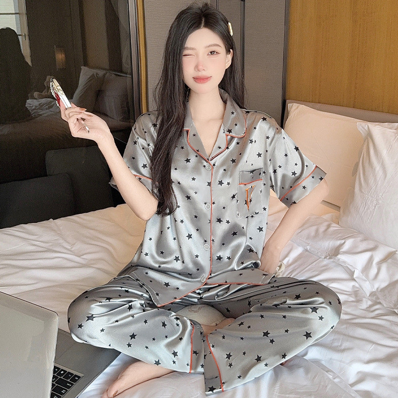 Pijama feminino de seda gelada acetinada de alta qualidade, estilo coreano, com mangas curtas e calças compridas, conjun