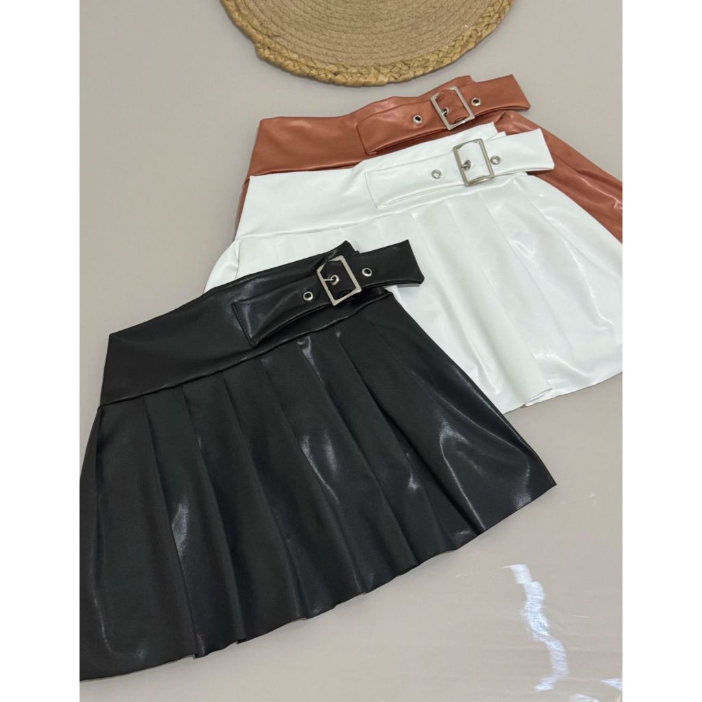 Short Saia Colegial Cirrê Acetinado fivela rodeio blogueira mini saia feminina curta plissada rodada tendencia balone