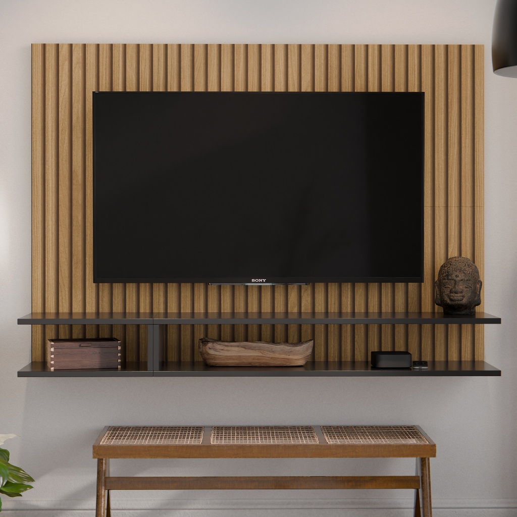 Suporte Painel Pra Tv 50 Polegadas Sala/Quarto Smart Plus MILÃO - Ripado com Preto Lançamento