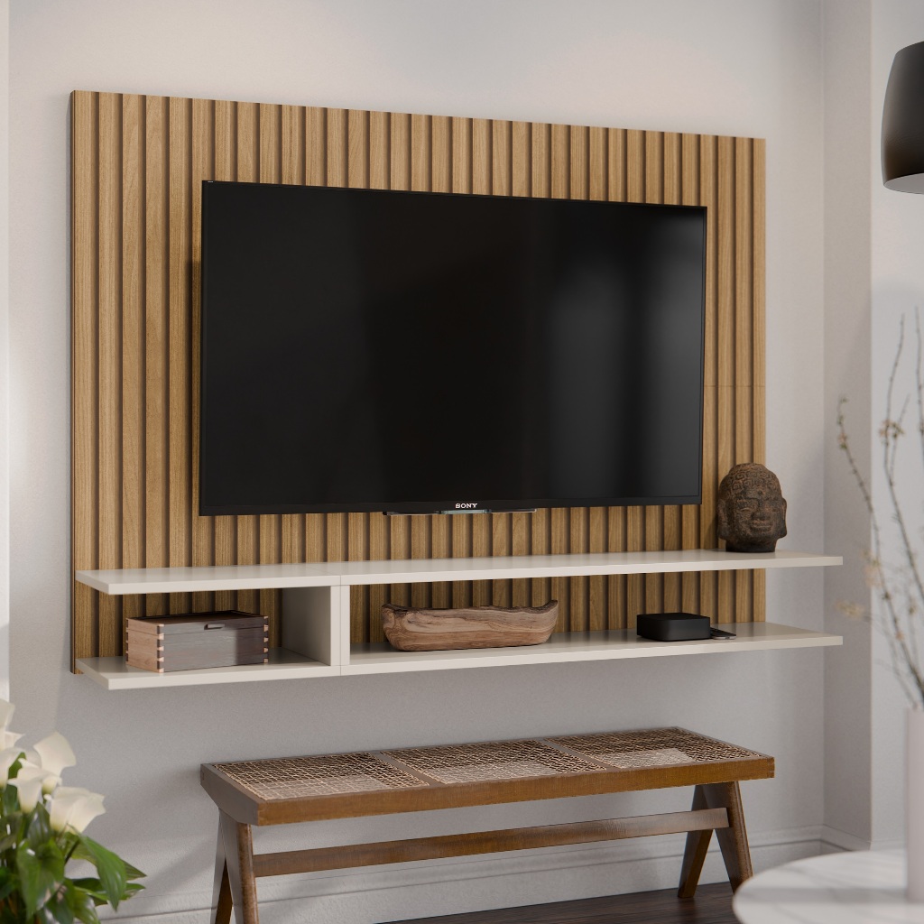 Suporte Painel Pra Tv 50 Polegadas Sala/Quarto Smart Plus MILÃO - Ripado com Off White Lançamento