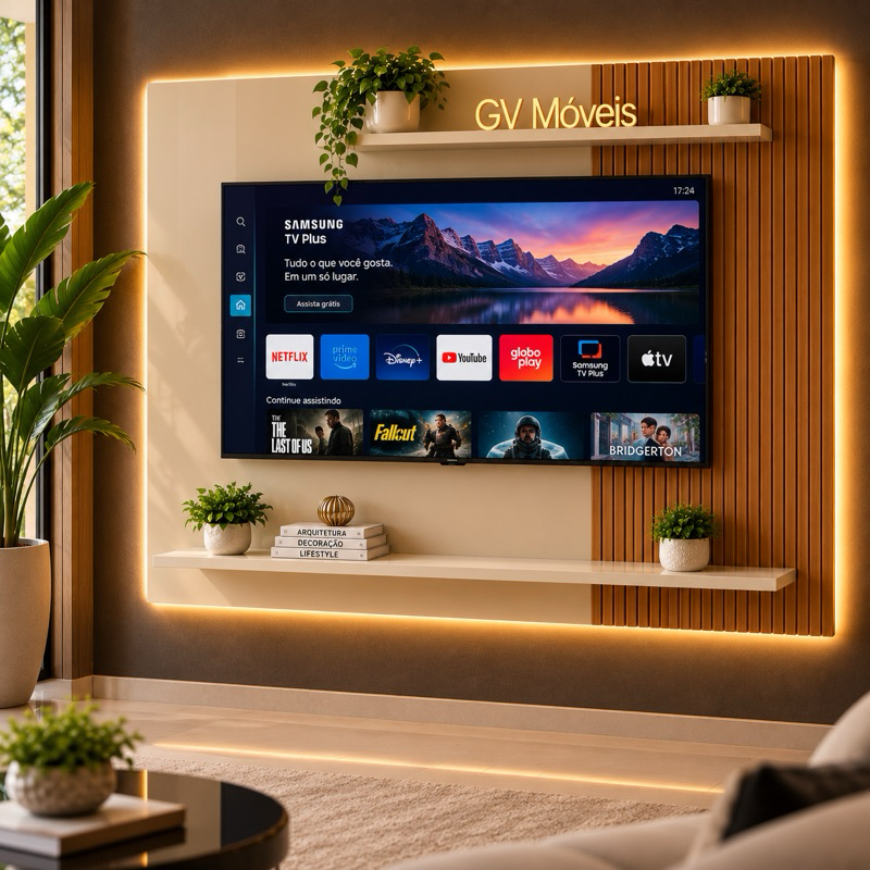 Painel pra TV 50 Polegadas Ripado Virtus ,Simples e Elegante - 2 Nichos Prateleiras ,Ideal Para Sala