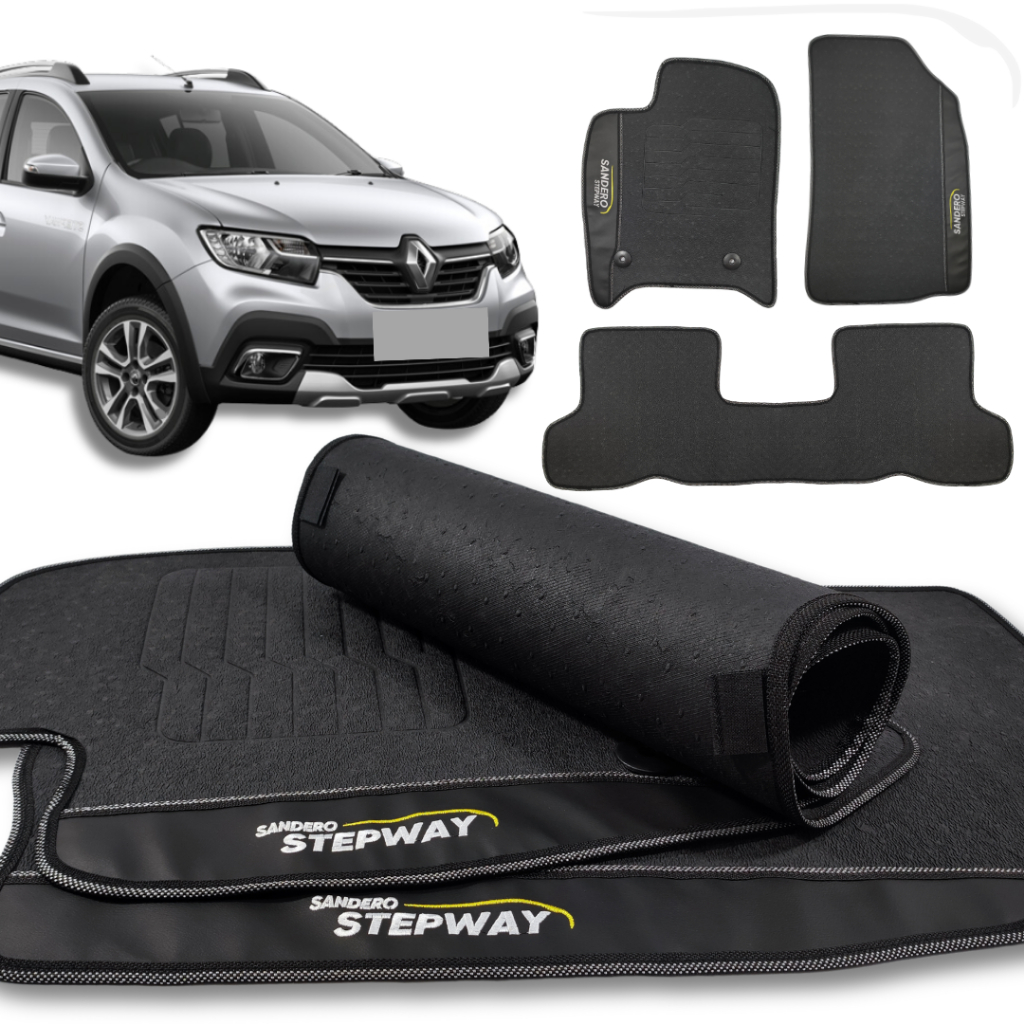 Tapete Borracha Para Sandero Stepway 1.6 Iconic CVT Turbo TODOS Personalizado 3 Peças Promoção Preto
