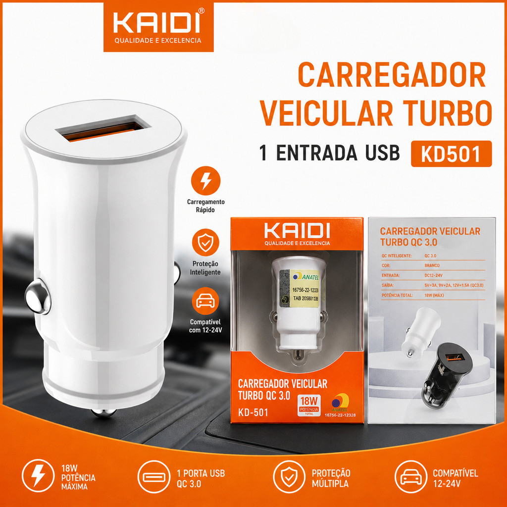 Carregador Veicular Turbo Fonte com 1 Saída USB Kaidi KD-501 18W Potencia