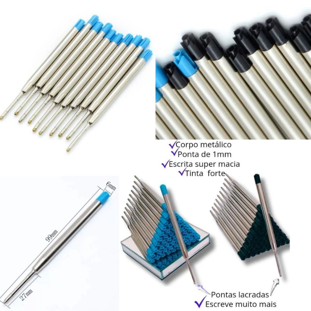 Kit 6/12/24 Refil Carga Recarga para Caneta com corrente Esferográfica Tipo Parker e Similares em Aço