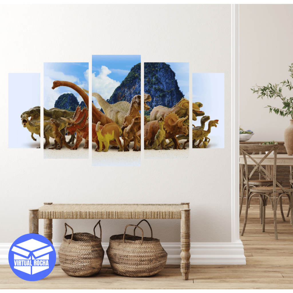 Quadro Decorativo 5 Peças Quarto Dinossauros Temático Pré-História MDF