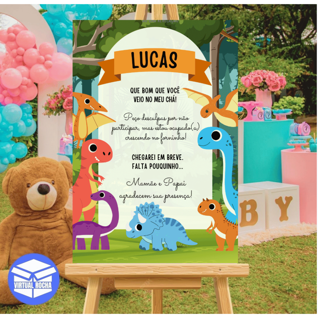 Quadro Decorativo Chá Bebê Infantil Temático Dinossauro Pré-Histórico MDF