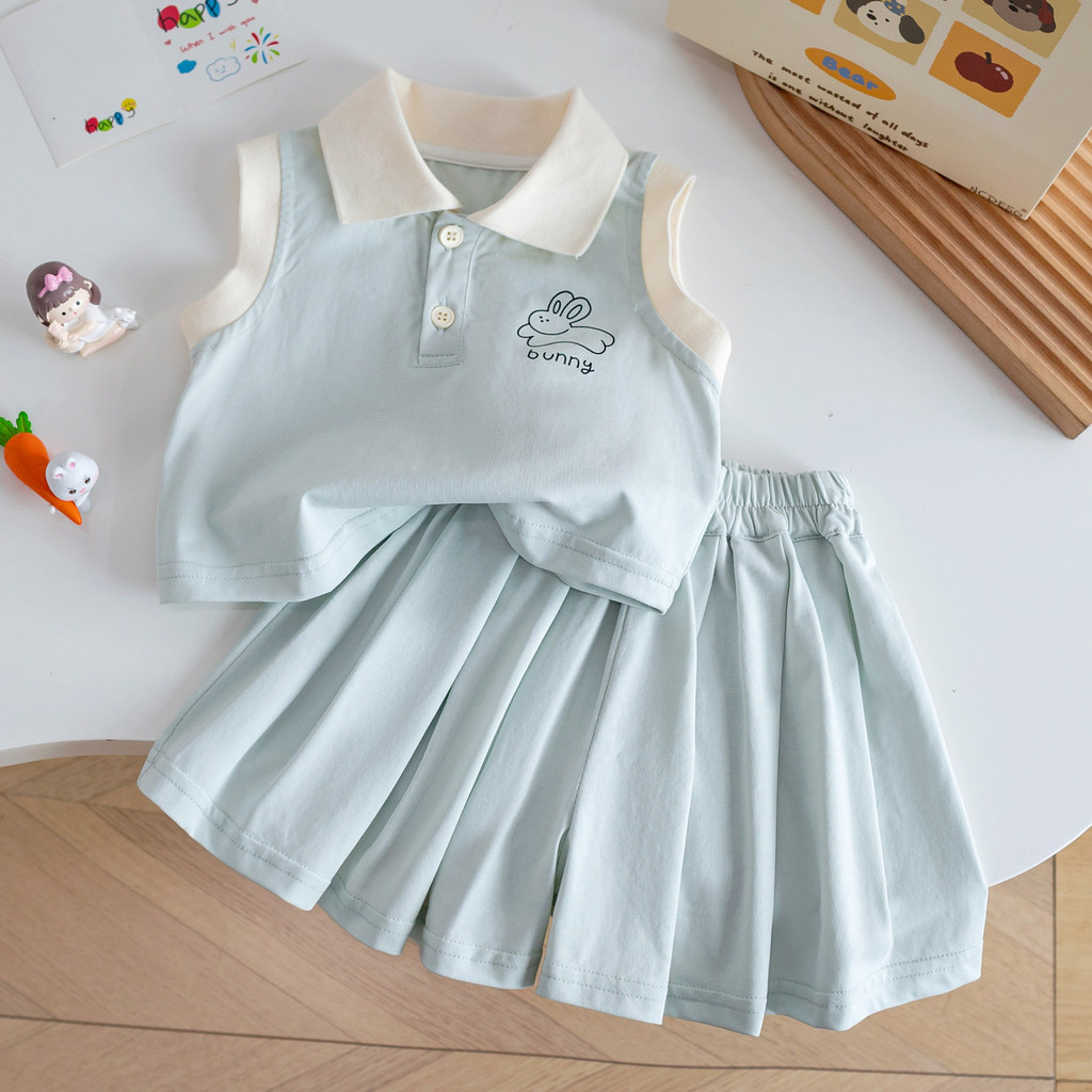Menina verão fresco bonito gola POLO sem mangas colete t + All-Match Shorts plissados estilo Preppy terno de duas peças