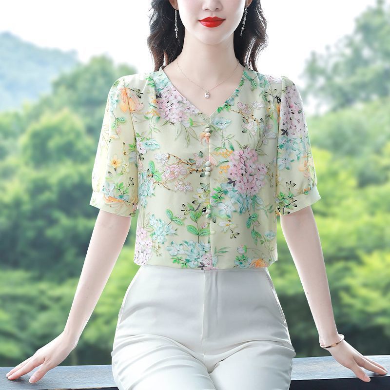 2026 verão novo estilo camisa pequena impressa fresco Floral All-Match moda com decote em V camisa de manga curta blusa