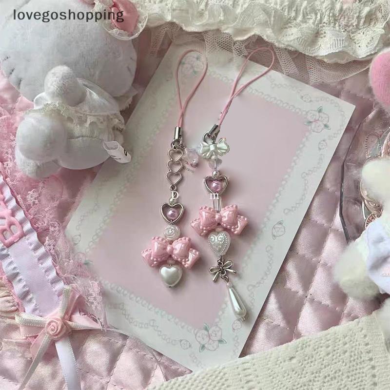 [lovego] Y2K Rosa Bowknot Coração Frisado Chaveiro Doce Bonito Cordão Para Celular Fresco All-match Bolsa Pingente Pendu