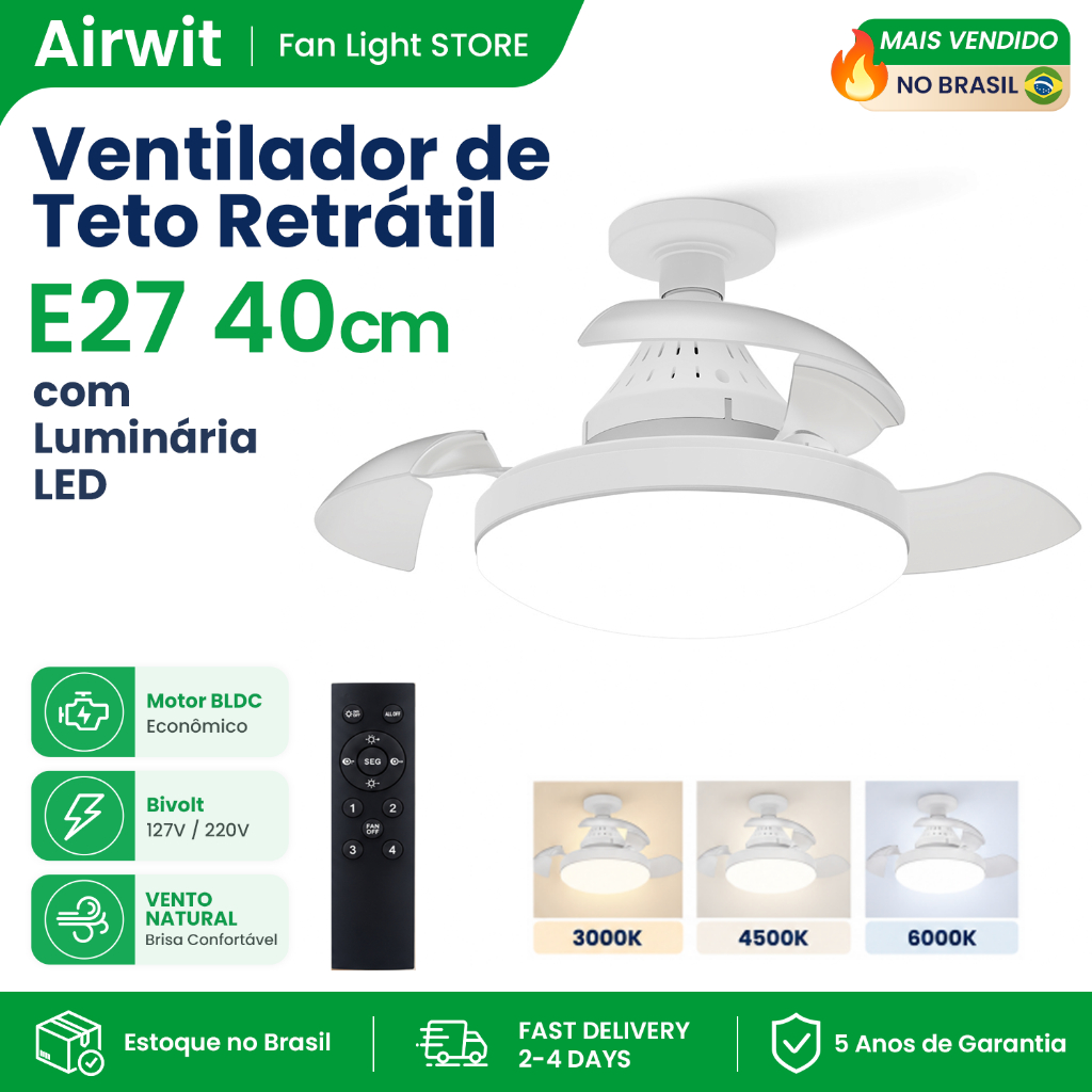 Airwit Retractable Ceiling Fan Remote Control with Led Light Adjustable Silent Modern Ventilador de teto