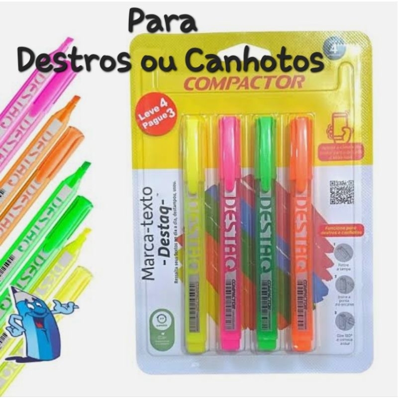 Kit Com 4 Marca Texto Tons Neon ou Pastel - Compactor Destaq Para Destros e Canhotos