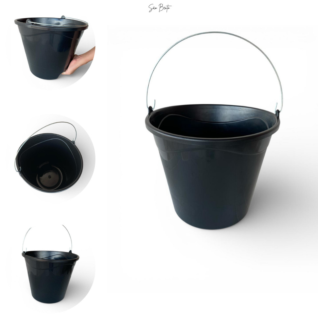 Kit 03 Balde De Pedreiro Ergonômico Para Obras 12 Litros - Formato que Distribui o Peso - Cor Preto - Super Resistente