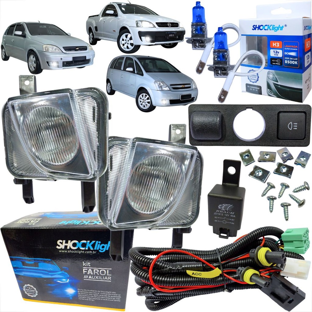 KIT INSTALAÇÃO COMPLETA FAROL DE MILHA GM MERIVA MONTANA CORSA 2003 À 2011 BOT MOD ORIG + LÂMPADA SUPER BRANCA