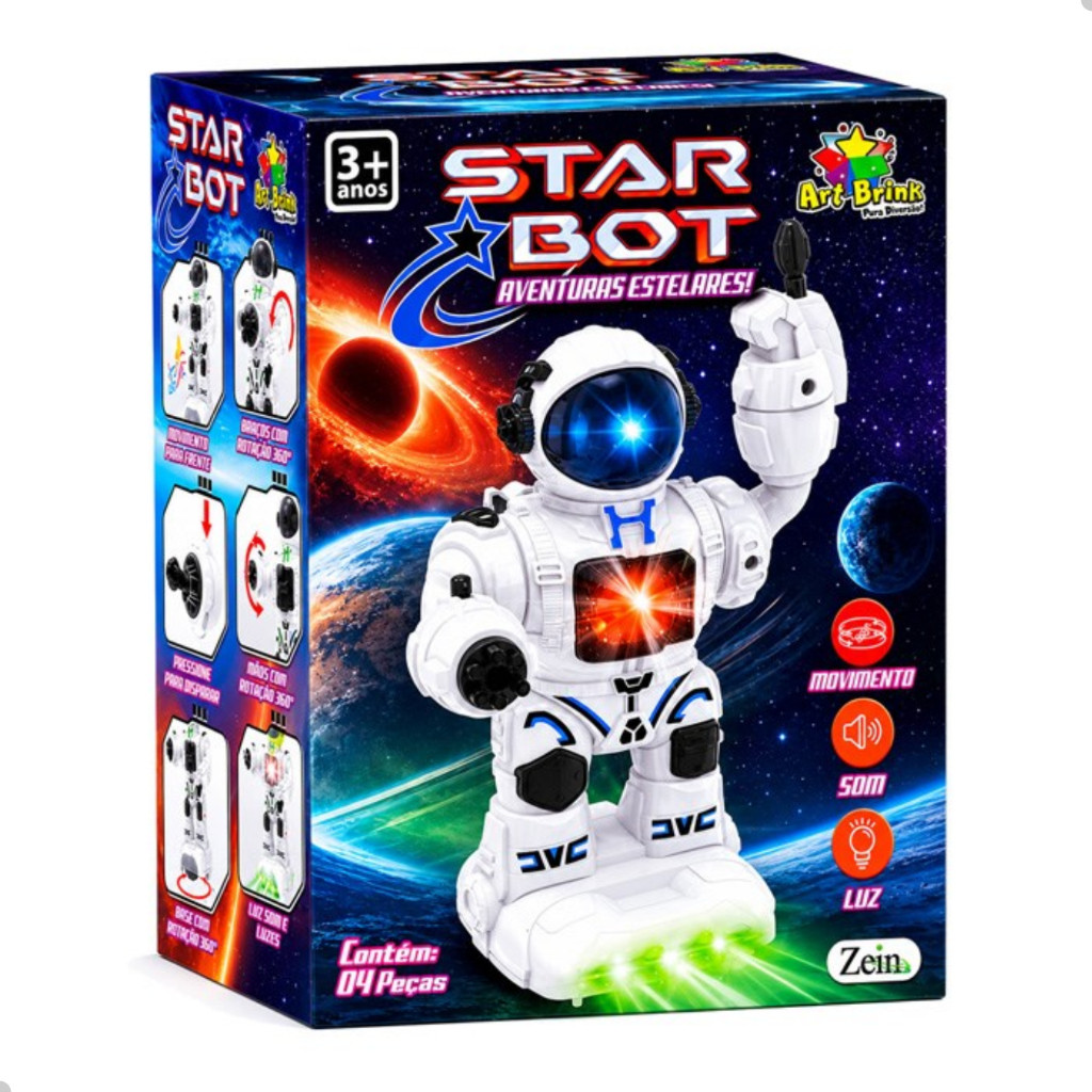 Robô Espacial Infantil Star Bot Luz Som e Diversão Interativa Aventuras no Espaço 19cm