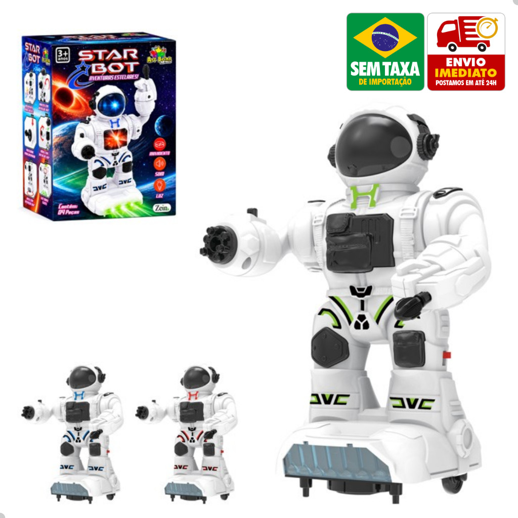 Brinquedo Robô Espacial Star Bot com Luz Som e Aventuras Galácticas Infantil 10x15x19cm