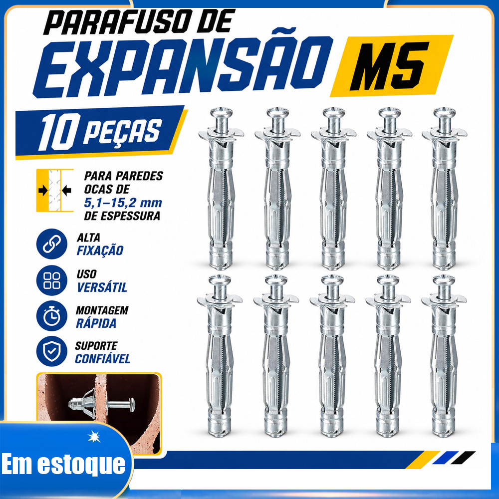 Buchas Parafuso M5 10 Peças para Parede Oca 5,1-15,2mm, Instala Prateleira, Gancho, Luminária e Tomada Fácil Leve