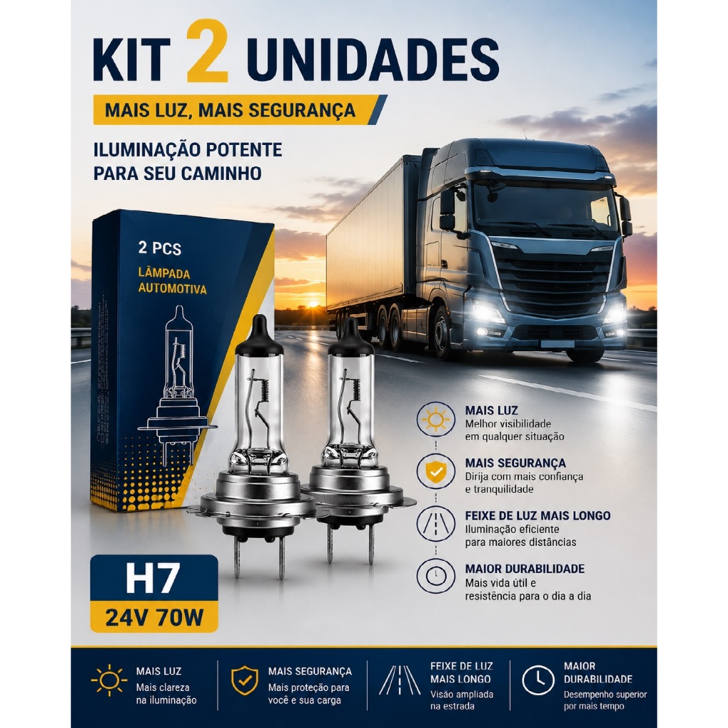 2x Lampadas Farol Baixo e Auto Iveco Stralis Tector Volvo Fh Volvo Fm H7 24v 70w