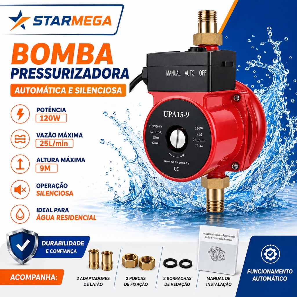 STARMEGA Silent Auto Pressure Pump MAX HEIGHT 9M 120W 127V/220V for Hot and Cold Water
