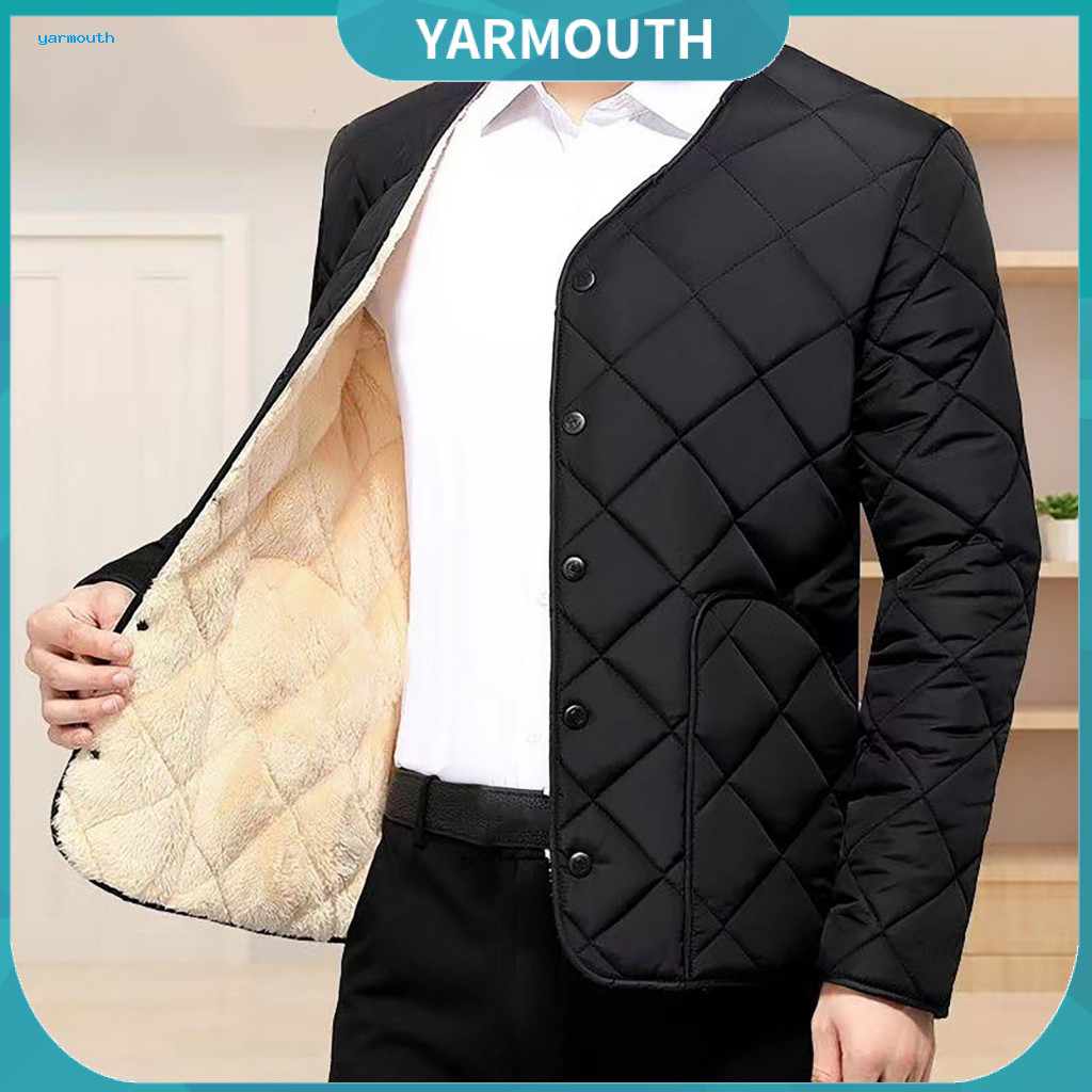 Diamond-shaped Coat Cotton with Round Neck Men's O-neck Long Sleeve Diamond Stitching Button Placket Solid Color Single