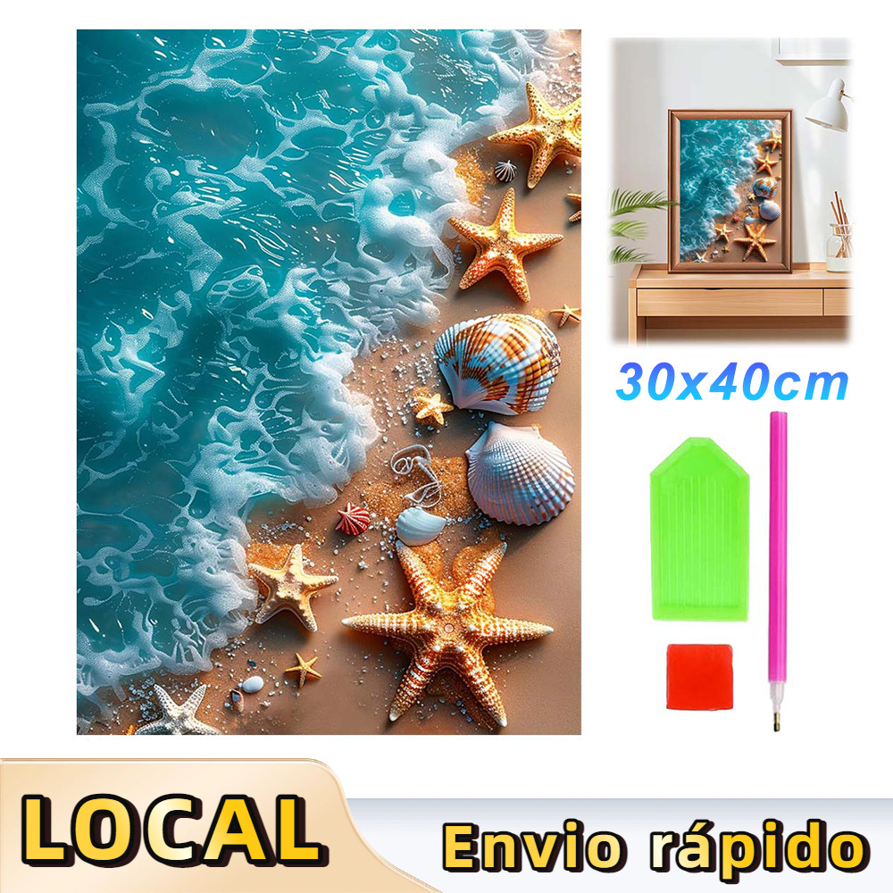 Pintura de Diamante 5D Tema Concha e Onda Rasa 40x30cm – Estilo Marinho, Alívio do Estresse, Arte Terapêutica