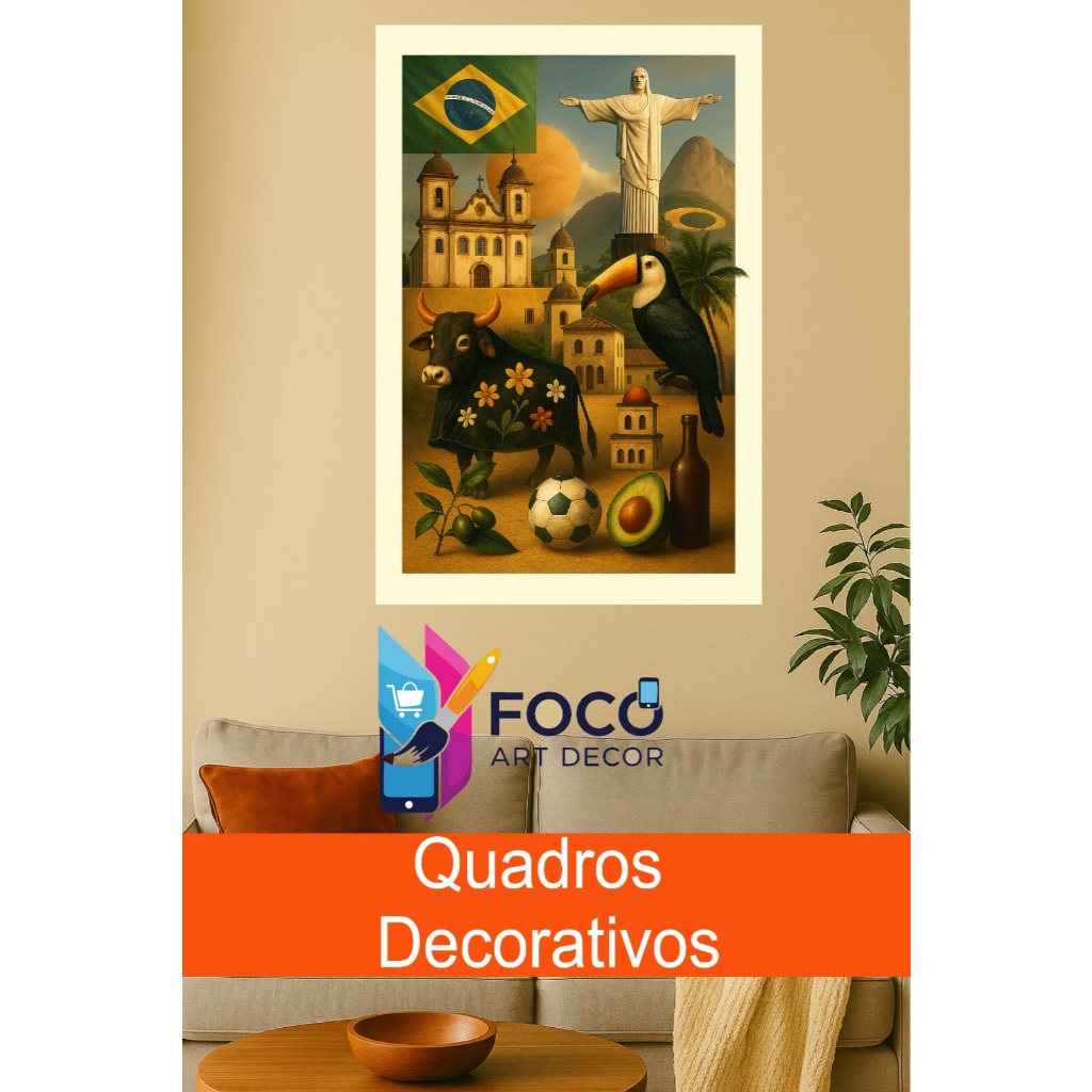 Quadro Decorativo Brasil Cultura Bandeira Cristo Templo Toucan Natureza Parede Sala Quarto