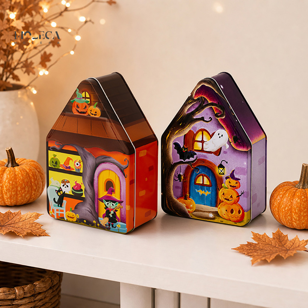 Halloween Candy Tin Containers Festive Tabletop Decor for Parties Box Haunted House Pumpkin Bat Design Metal Storage Jar