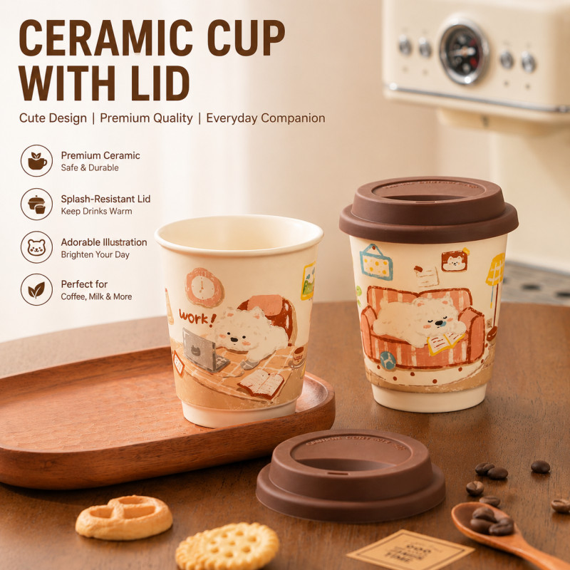 Ceramic Tumbler with Lid, Leakproof Portable Coffee Tea Cup for Office Commute and Home Use