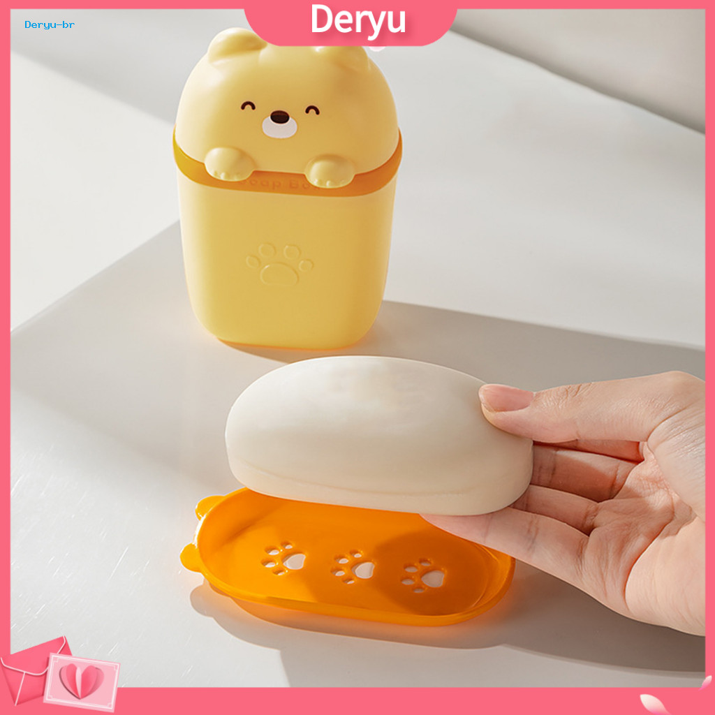 Decorative Soap Holder for Countertop Portable Case with Drain Cute Bear Box Lid Plastic Drainage Travel-friendly for Ho