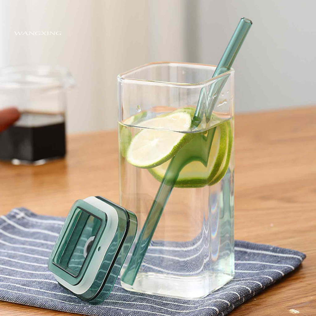 Durable Borosilicate Glass Cups Square with Lids and Straws Cup Lid Straw 350ml – Heat-resistant Portable for Iced for
