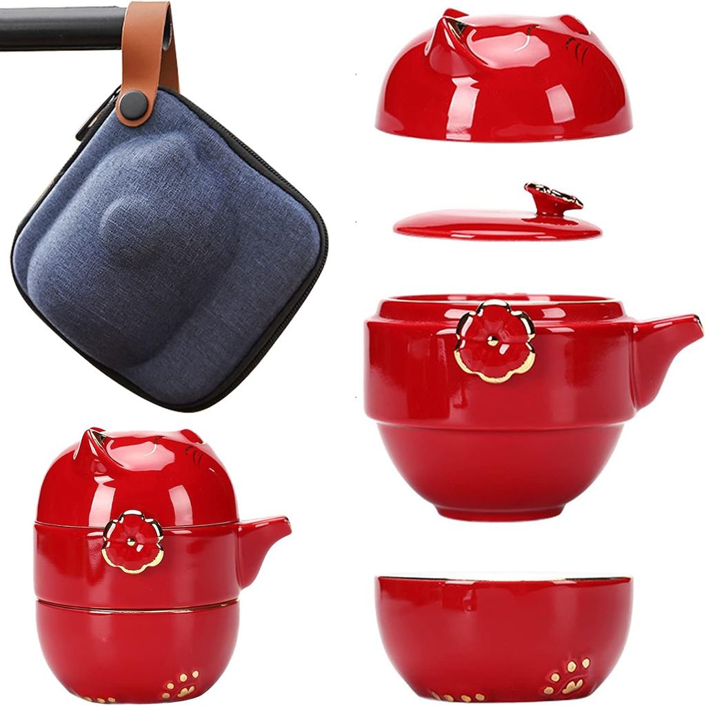 Portable Ceramic Tea Set: Lucky Cat Porcelain Teapot Set with Tea Strainer - Lids and 1 Shockproof Storage Case - Suitab