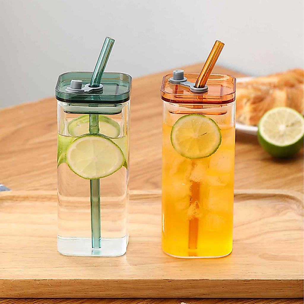 Square Borosilicate Glass Cup with Lid Straw 350ml – Heat-resistant Portable Tumbler for Iced Coffee Milkshakes Hot Dr