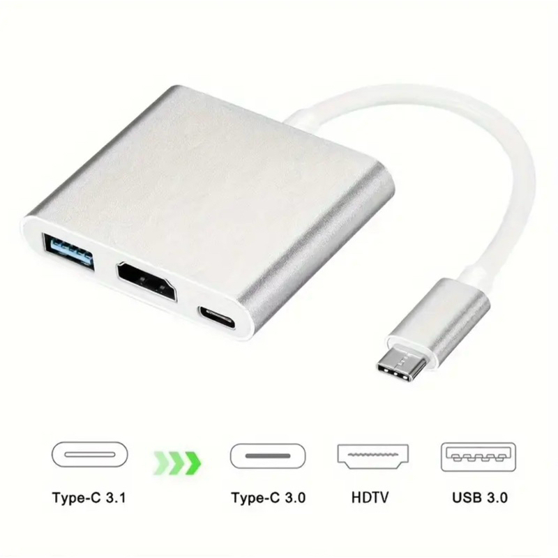 Adaptador Tipo C 3 em 1 HDMI 4K + USB 3.0 + PD Turbo 3.1A Alumínio Compatível HDCP