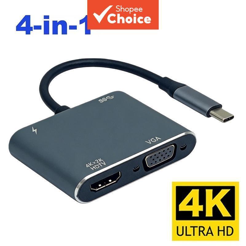 Hub USB 4 em 1 Tipo C para HDMI 4K 1080p compatível com VGA Digital AV PD Porta de carregamento Compatível com