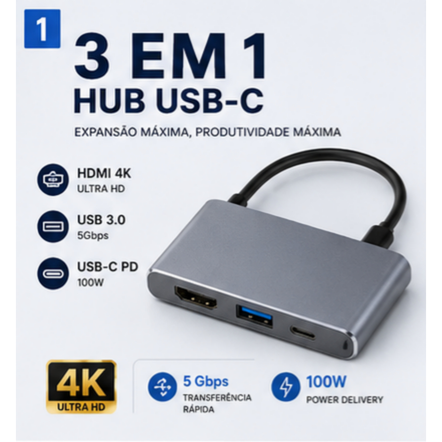 Hub USB C 3 Em 1 HDMI 4K USB 3.0 Adaptador Tipo C Dock Station Conversor Para MacBook Notebook