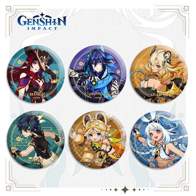 Artigos de merchandising de Genshin Impact: Xino Ning, Mawika, Funina, emblema de 58 mm, Yelan, Shenhe, emblema de peito