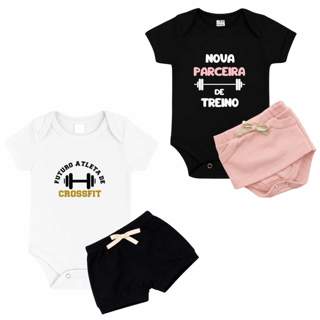 Conjunto Bebe Fitness Musculação Crossfit Frase Menina Menino Tematico