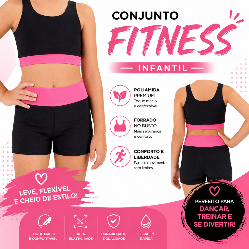 Conjunto Fitness Infantil Feminino Premium OFERTA I Poliamida Proteção UV50+ I Ginástica, vôlei, dança.